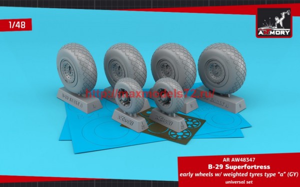 AR AW48347   1/48 B-29 Superfortress early production wheels w/ weighted tyres type «a» (GY) & PE hubcaps (thumb59653)